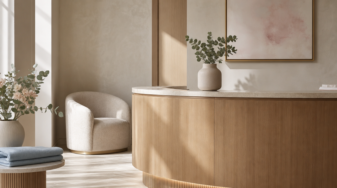 Calm modern aesthetic clinic reception with cream walls, a warm wood desk and eucalyptus in a ceramic vase