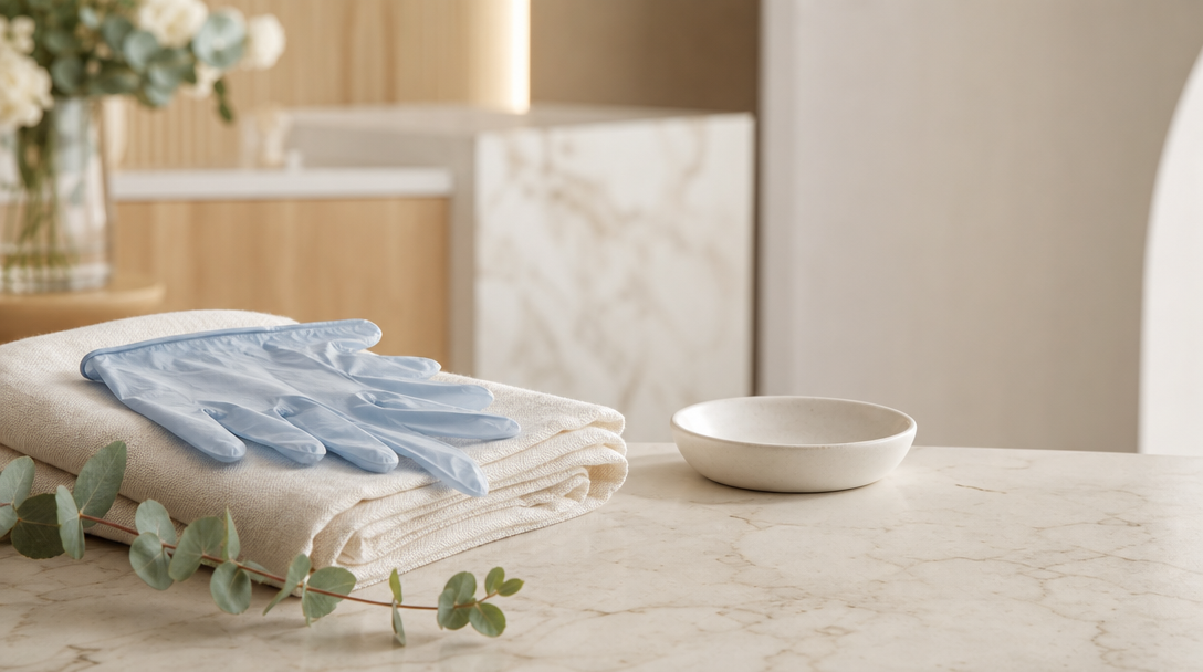 Editorial still life on cream marble: a folded linen cloth, a pale surgical glove, a ceramic dish and eucalyptus