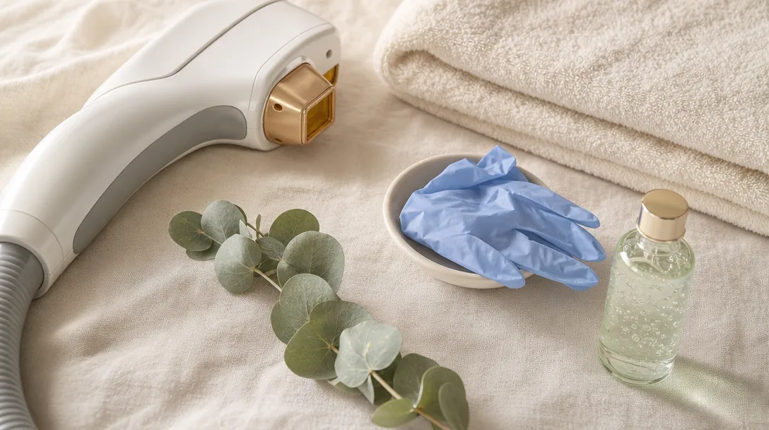 Editorial still life on a cream linen surface showing a laser handpiece, soft cream folded towels, a small ceramic dish and a sprig of eucalyptus in warm daylight