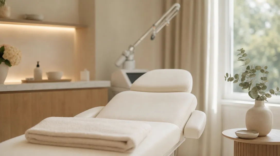A calm modern aesthetic clinic treatment room with soft cream walls, a warm wood counter, a cream upholstered treatment bed and a single sprig of eucalyptus in a ceramic vase, lit by soft natural daylight