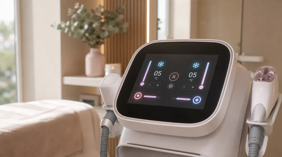 A close-up of a clinician fitting a fat freezing applicator on a patient's flank, with the patient comfortable and the room calmly lit