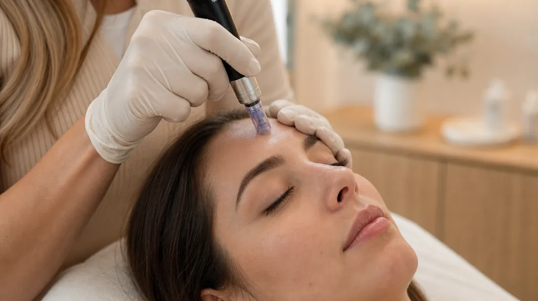 A CoLaz aesthetic nurse adjusts the depth dial on an automated microneedling pen before treating a patient's cheek for acne scarring