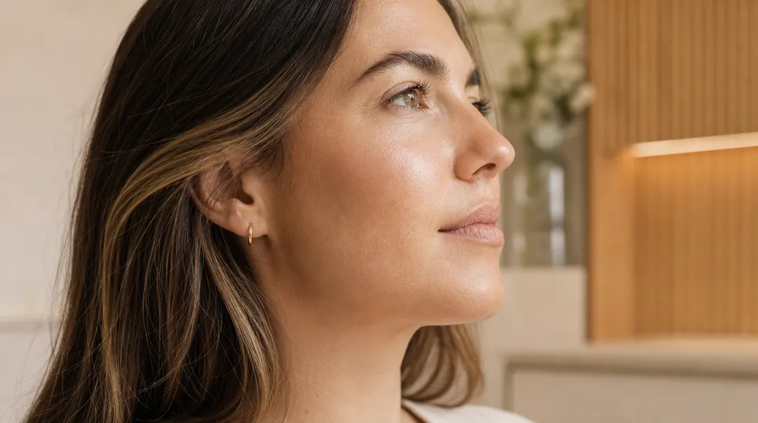 A patient at a CoLaz clinic relaxes after a microneedling session with calm, faintly pink skin and a soft cool compress on the cheeks