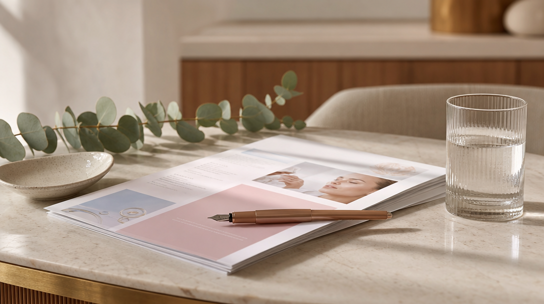 A printed treatment plan with a pen, a ceramic dish and a sprig of eucalyptus on a cream marble surface