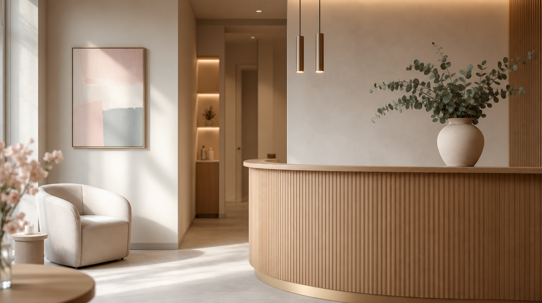 A calm, empty aesthetic-clinic reception with cream walls, a warm wood desk and eucalyptus in soft daylight